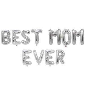 Silver foil alphabet balloon set spelling BEST MOM EVER for Mother's Day party decor