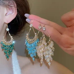 French palace style teardrop hollow crystal tassel earrings in three elegant colors