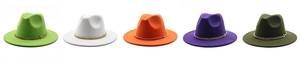 Classic felt fedora hats in multiple colors featuring decorative gold chain bands.