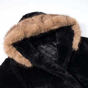 Close-up of black faux fur jacket with quilted lining and a brown fur-trimmed hood