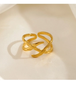 Detailed view of the 18K gold plated layered cross winding open ring on silk