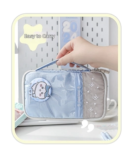 Blue and grey fabric stationery pouch with handheld strap and cute cat badge detail