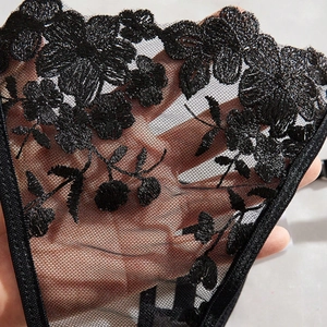 Detailed macro view of black sheer lace lingerie set with floral embroidery and mesh texture