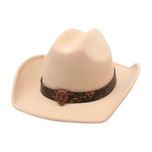 Cappello da cowboy in lana beige a tesa larga con fascia decorativa testa di leopardo