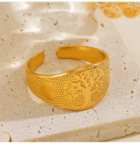 Detail of 18k gold plated Tree of Life adjustable open ring with heart engraving
