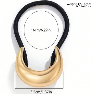Detailed view of black elastic hair tie with gold crescent alloy and product dimensions