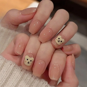 Faux Ongles Press On Kawaii Rose Nude Courts Carrés Ronds Avec Ours En Résine 3D Style Doux Brillants Pour Usage Quotidien