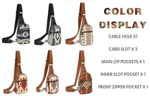 Ethnic crossbody bag set showing adjustable straps, zipper pockets, and headphone jack