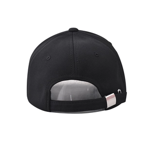 Rear view of black baseball cap with honeycomb mesh texture and silver metal buckle