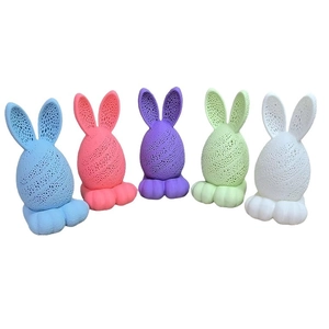 3D printed LED Easter bunny lights with hollow lace patterns in five vibrant colors