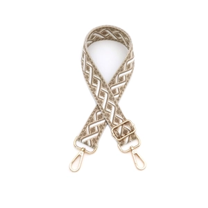 Bandoulière tissée géométrique marron et blanc avec boucles en métal doré poli réglables