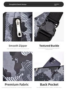 Detail of camoflauge tactical bag featuring metal zippers, buckle and rear phone pocket