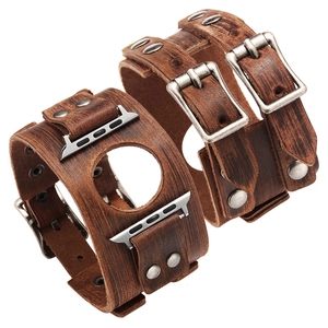 Retro brown leather cuff watch bands with metal studs for Apple Watch 42/44mm