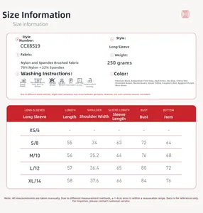 Detailed size guide for long sleeve yoga top with nylon and spandex fabric parameters