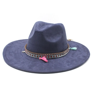 Deep purple wide brim felt fedora hat with ethnic woven band and colorful tassels