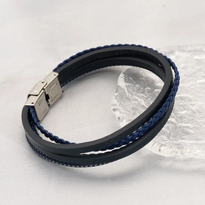 Bracelet multicouche pour homme en cuir tressé avec corde bleue et fermoir magnétique en acier