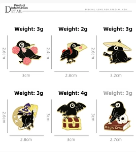 Detail view of six crow enamel pins featuring magic themes and golden metal outlines