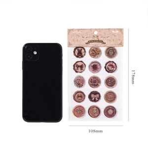 Size reference for 108x178mm wax seal style stickers next to a mobile phone
