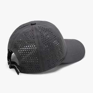 Grey breathable mesh baseball cap with laser-cut holes and adjustable back strap