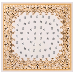 Flat lay macro of square silk scarf showing detailed mustard yellow paisley print pattern