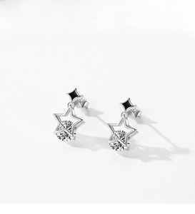 Detail view of s925 silver star earrings with black enamel and sparkling zircon stone