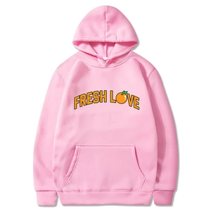 Pink LOVE print hoodie for men with FRESH LOVE orange graphic on a white background