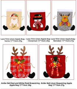 Detailed view of 17x15cm burlap Christmas gift bags with Santa, snowman and reindeer designs