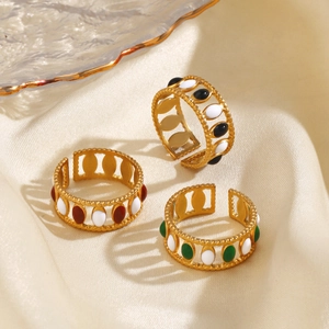 Vintage Enamel Stainless Steel Ring Geometric Oval Adjustable Opening Fashion Hip Hop Punk Jewelry For Women Girls