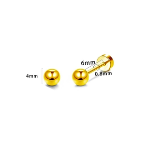 Detailed view of 4mm gold ball stud earring with 6mm length and 0.8mm pin thickness specs