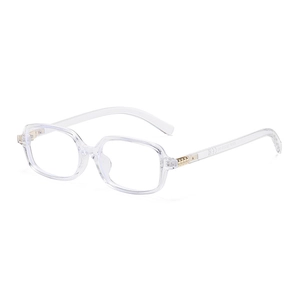 Lunettes anti-lumière bleue à monture transparente, design carré élégant et détails métalliques.