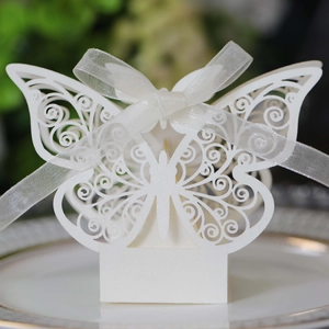 Macro detail of white laser-cut butterfly candy box with delicate organza ribbon bow