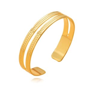 Minimalist double-layered gold stainless steel open bangle with bead texture details