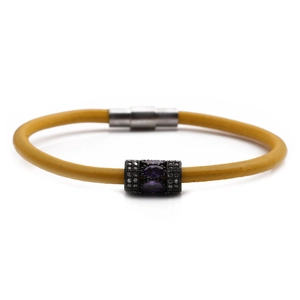 Yellow leather magnetic bracelet with a purple oval gemstone and sparkling crystals