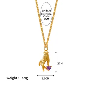 18k gold plated necklace with hand holding purple heart zircon pendant and 45cm chain
