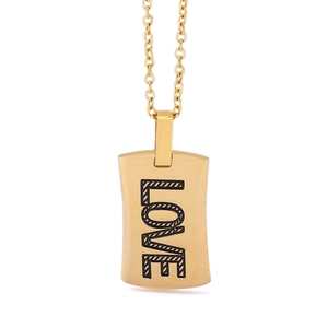Golden stainless steel necklace with rectangular pendant engraved with LOVE text