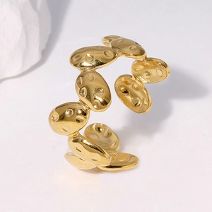 Stainless Steel Open Ring For Women Hammered Texture Irregular Pebble Design Minimalist Adjustable Fashion Jewelry