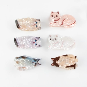 Set of 6 cute cat-shaped cellulose acetate hair claws with various colorful patterns