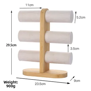 Detailed 3-tier bamboo jewelry stand with grey velvet rollers for watches and bracelets