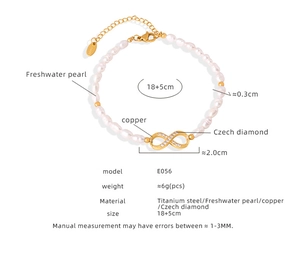 Detail view of freshwater pearl bracelet with gold infinity charm and size dimensions