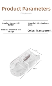 Detailed view of pill cutter dimensions 8.5cm x 4cm with stainless steel blade