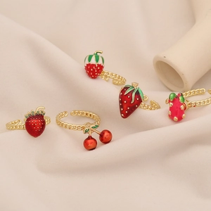 Fruit Open Rings Copper Enamel Strawberry Cherry Adjustable Fashion Sweet Jewelry For Women Cute Hand Accessories