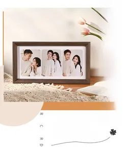 Detail of solid wood triple photo frame with deep texture on white lace tablecloth