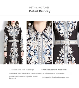 Détail d'une robe vintage à col à revers avec manches bouffantes et motif baroque