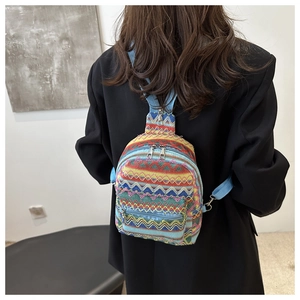 Detail of colorful ethnic pattern embroidery and silver zippers on a mini backpack