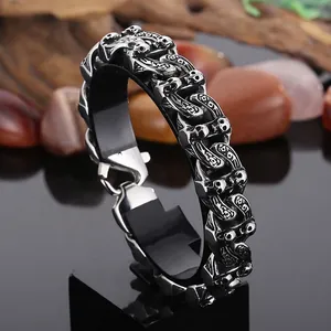 Punk Rock Men Titanium Steel Bracelet Retro Skull Head Cuban Chain Carved Pattern Gothic Jewelry Vintage Silver Color