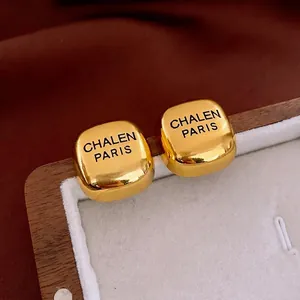 Square Stud Earrings Alloy With Silver Earring Post Letter Engraved Brushed Gold Style Geometric Jewelry For Women