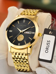 Detailed close-up of ORUSS gold men's watch with black dial and diamond hour markers