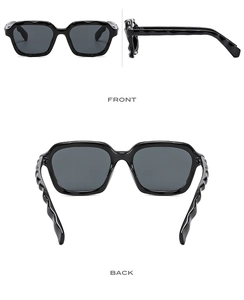 Multiple views of black wavy frame sunglasses with dark lenses from front and back angles