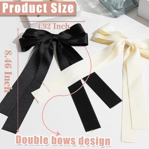 Detailed view of large double-layered bow hair clips showing 4.92 and 8.46 inch dimensions