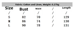 Detailed size chart for Bohemian cotton linen dress with bust, waist and length measures